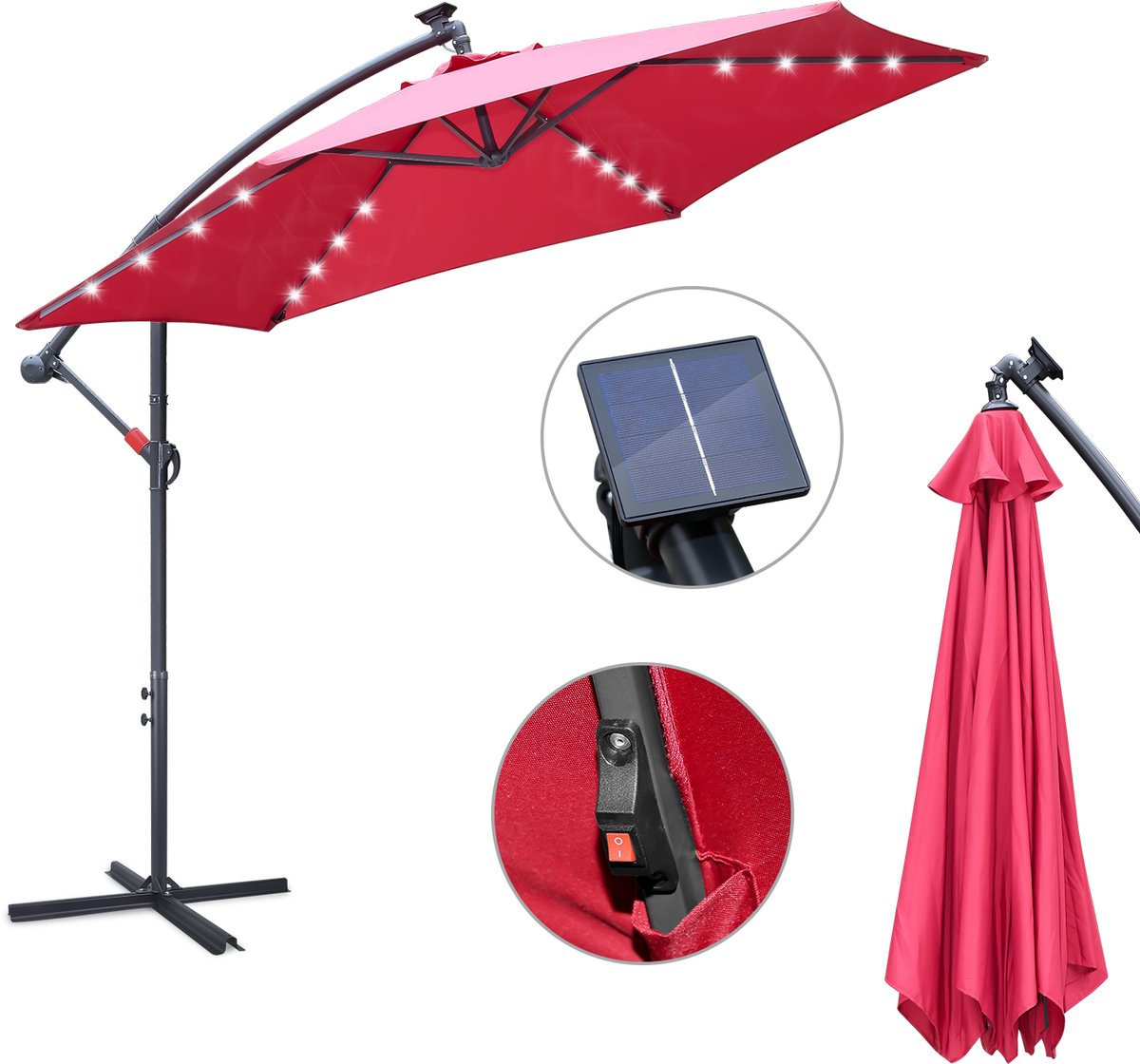 Parasol met Standaard 350 cm - Zonwering voor Balkons, Tuinen en Terrassen - Grote Zweefparasol met Zwengelsysteem - Stevig Frame - Met LED - Rood (9178524816207)