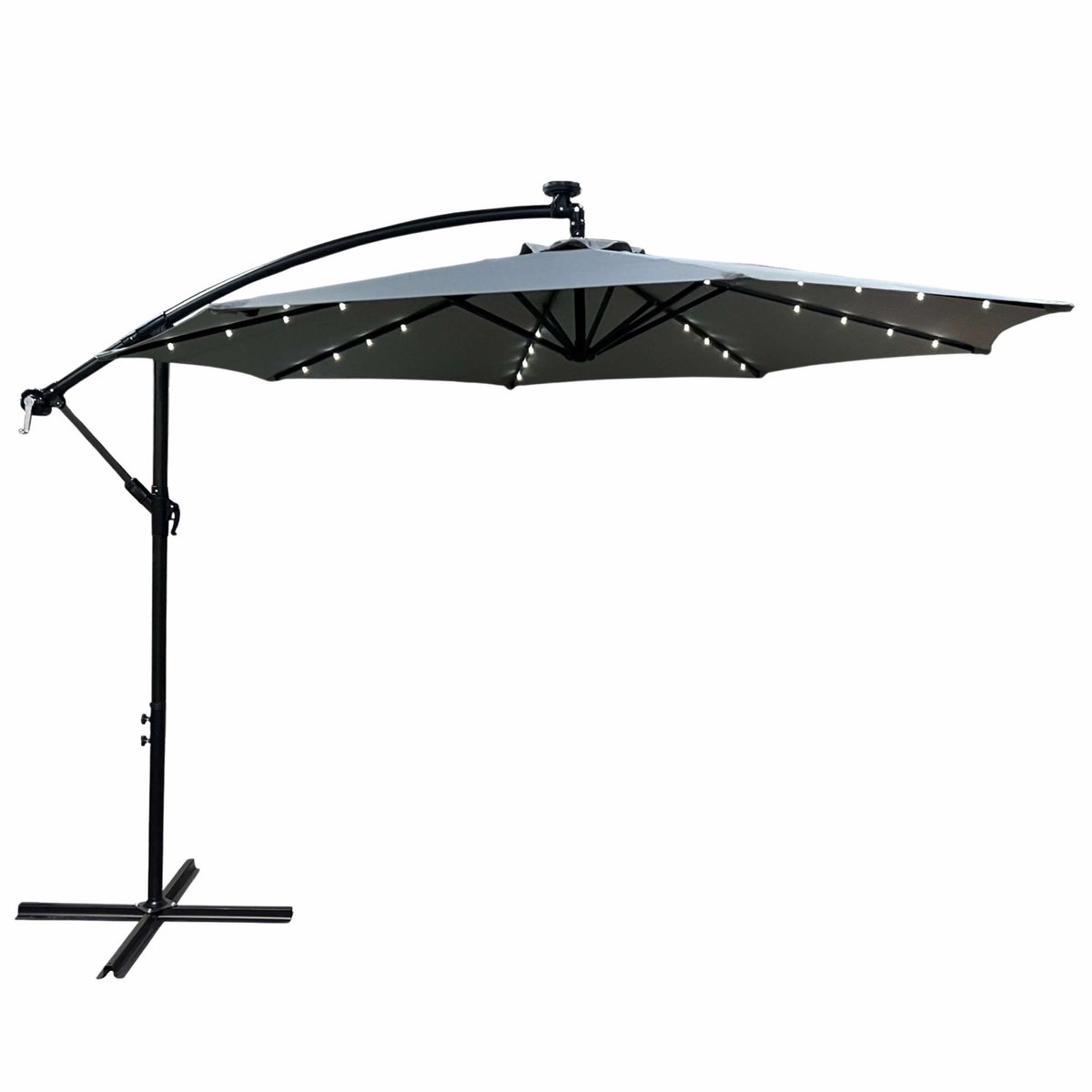 Tuinparasol MILIN met LED-verlichting / Zweefparasol Met Voet / Verstelbare Hoogte / UB-bescherming, Waterdicht / Lichtgrijs / 300 x 300 x 245 cm (5901752857353)