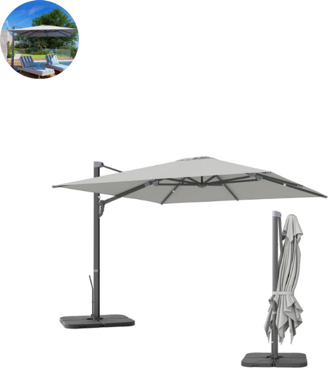 Zweefparasol -Met Voet - Ø 300 cm - Vierkant - Waterdicht - Kantelbaar - Verstelbare Hoogte - Grijs (8721264199669)