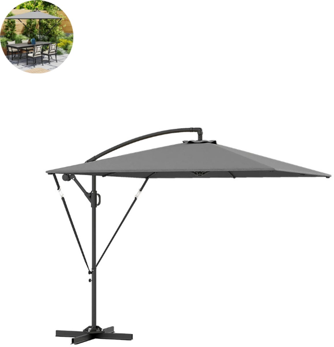 Zweefparasol - Met Voet - ⌀ 260 cm - Vierkant - Waterdicht - Kantelbaar - Verstelbare Hoogte - Grijs (8721264199690)