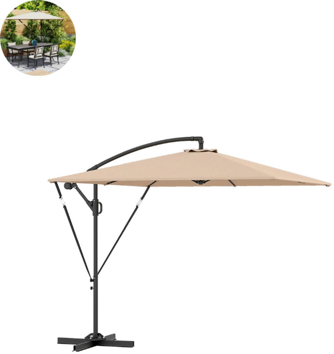 Zweefparasol - Met Voet - ⌀ 260 cm - Vierkant - Waterdicht - Kantelbaar - Verstelbare Hoogte - Khaki (8721264199683)