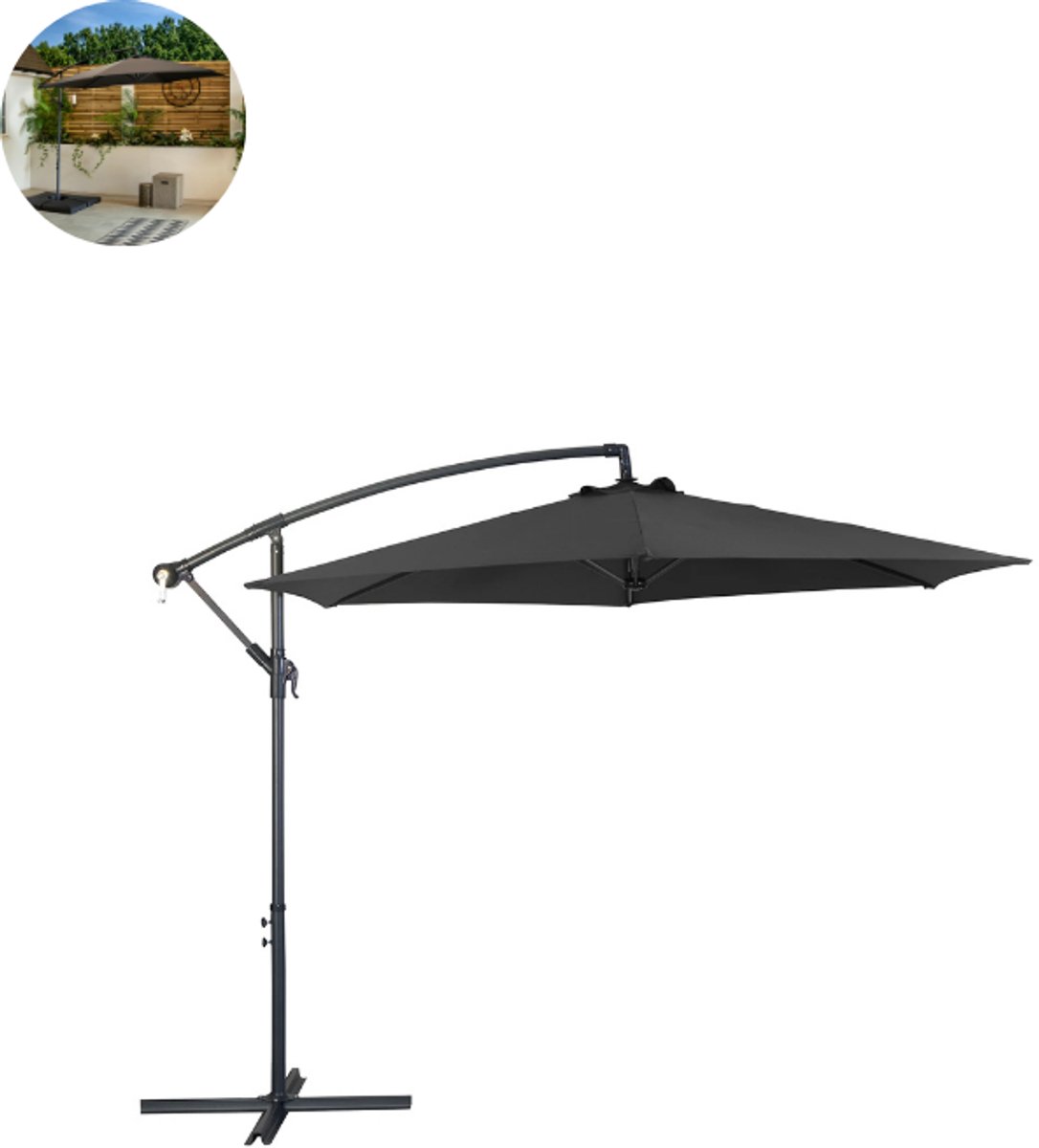 Zweefparasol - Met Voet - ⌀ 360 cm - Waterdicht - Kantelbaar - Verstelbare Hoogte - Grijs (8721264199713)