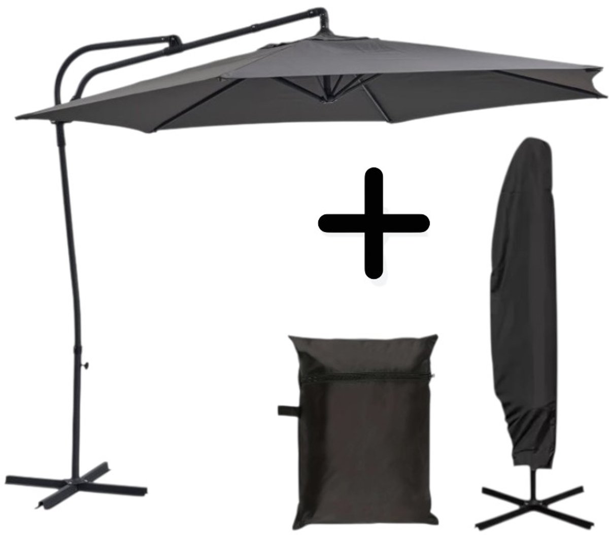 Dutchers® Zweefparasol Ø300 cm inclusief Parasolhoes - Hangparasol met Push-upsysteem en Draaihendel - UV30+ Bescherming - Aluminium Frame - Parasol Antraciet Grijs - Voor Tuin, Balkon & Terras (8721184975893)