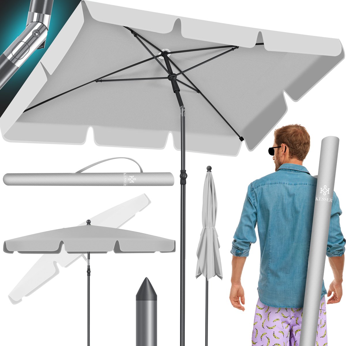 KESSER® Stokparasol Inclusief Beschermhoes & Draagtas 200 × 125cm - Parasol voor Balkon, Tuin & Terras Tuinparasol Strandparasol - Lichtgrijs (4260729115034)
