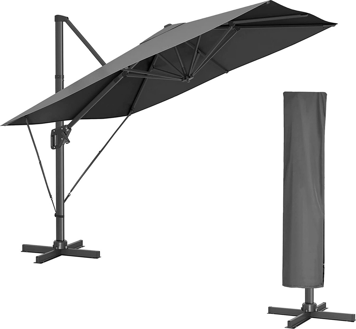 Rookgrijs Zweefparasol 290 X 290 Cm - Upf 50+ Uv-Bescherming, 360° Draaibaar, Hellingshoek Verstelbaar, Met Standaard, Bevestigingsriemen En Afdekking (8720783116164)