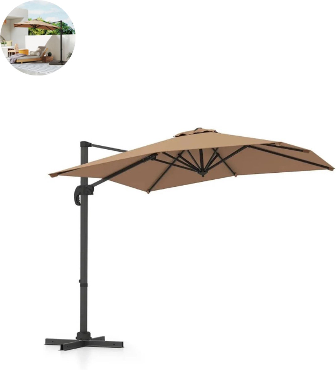 Zweefparasol met Voet - Ø 360 cm - Waterdicht - Kantelbaar - Verstelbare Hoogte - Grijs (8721264199706)