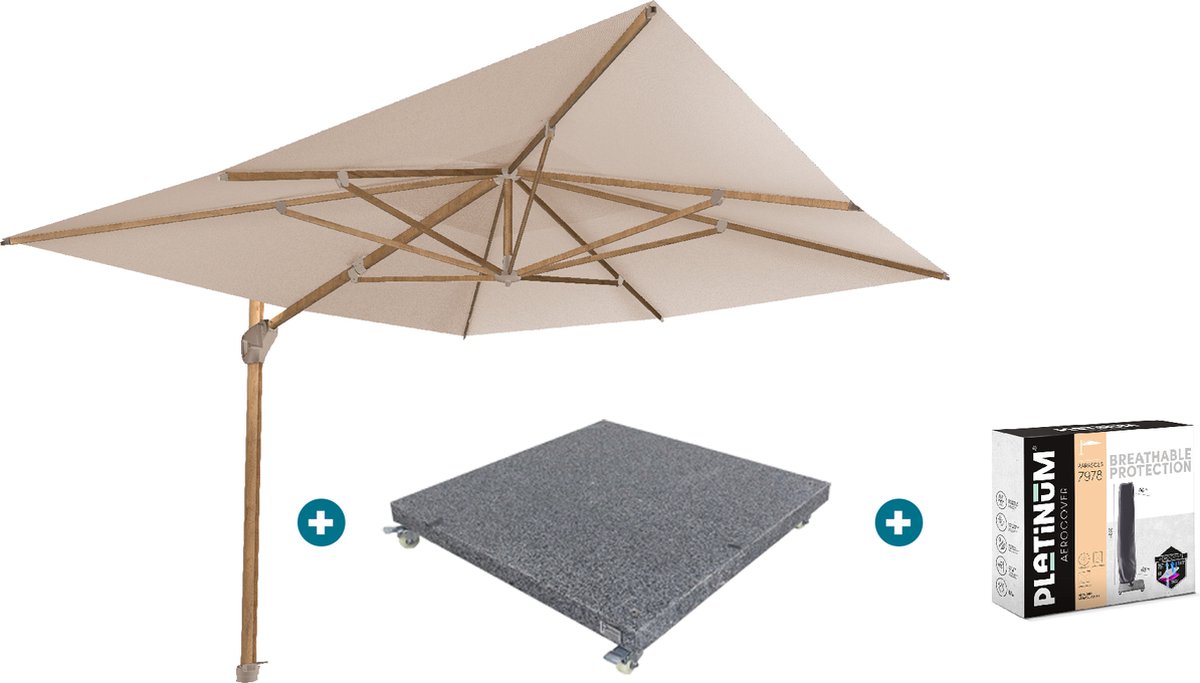 4-Seasons zweefparasol Hacienda 300 x 400 - Woodlook/Sand met voet en hoes (6097333218275)