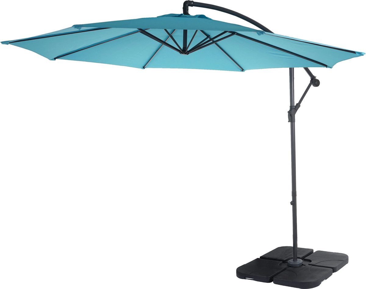 Acerra zweefparasol, parasol, Ø 3m kantelbaar, polyester/staal 11kg ~ turquoise-blauw met voet (4057651093000)