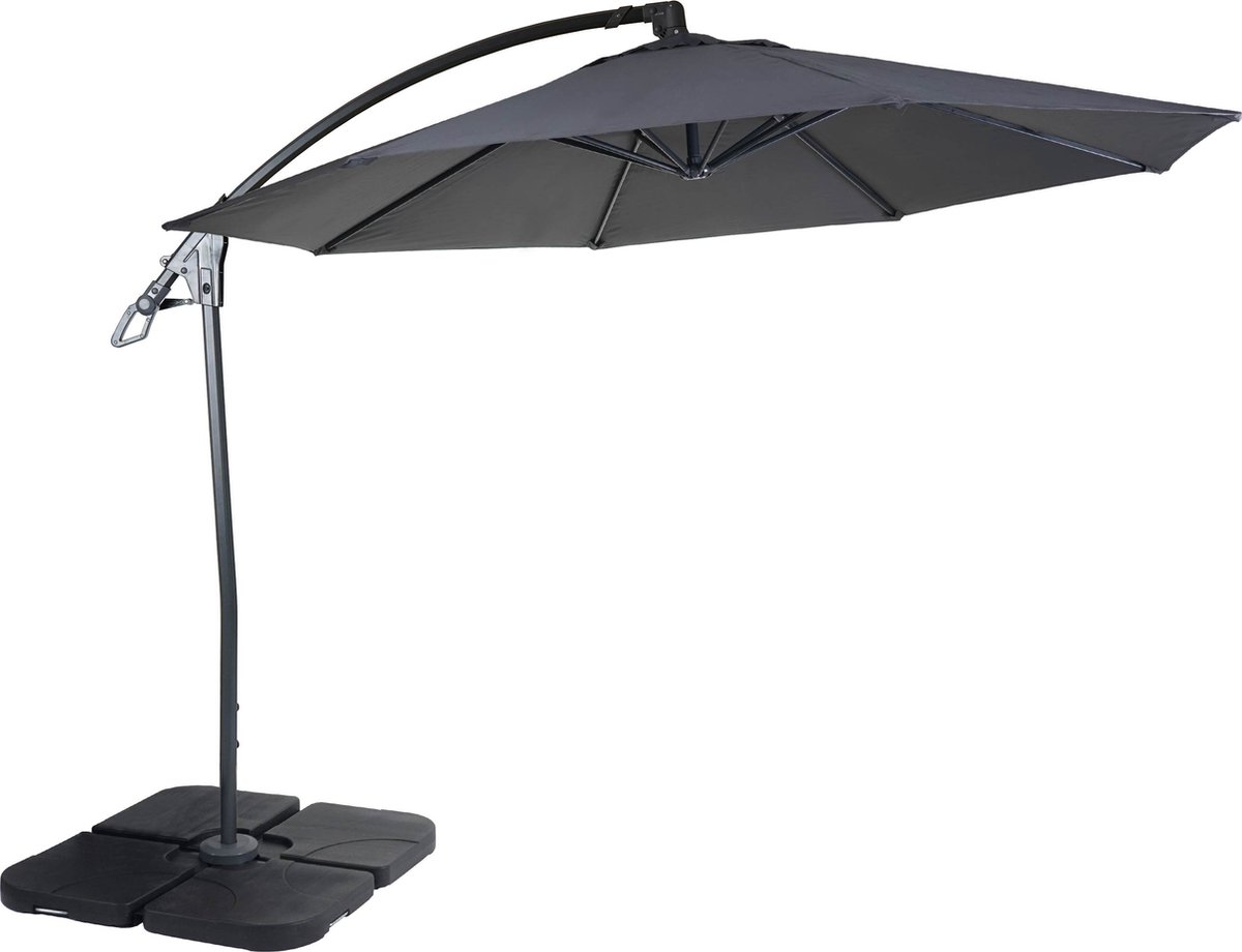 Luxe zweefparasol MCW-D14, parasol, rond Ø 3m polyester aluminium/staal 14kg ~ antraciet met voet (4057651212227)