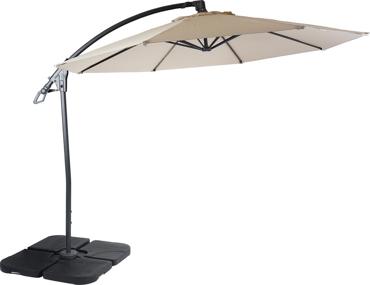 Luxe zweefparasol MCW-D14, parasol, rond Ø 3m polyester aluminium/staal 14kg ~ crème-wit met voet (4052826174980)