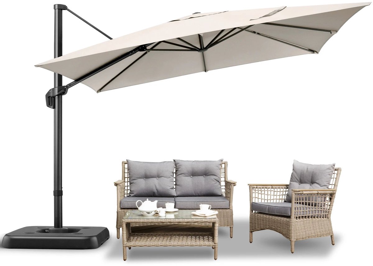 Parasol - Zweefparasol - Vrijdragende Parasol - Grote Parasol - Tuinparasol - Draaibare Parasol - 3X3 Meter - UV-Bestendig - Waterafstotend - Beige (8721391006311)