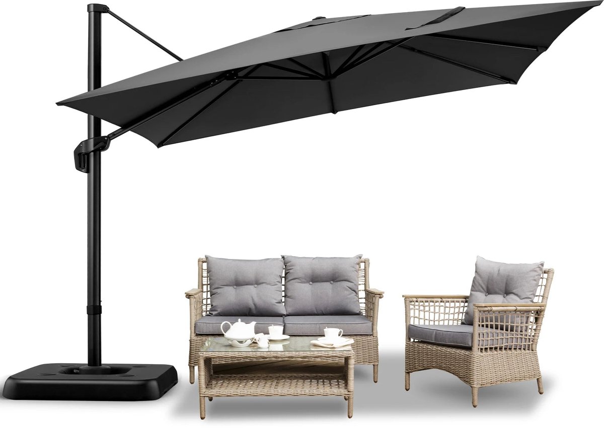 Parasol - Zweefparasol - Vrijdragende Parasol - Grote Parasol - Tuinparasol - Draaibare Parasol - 3X3 Meter - UV-Bestendig - Waterafstotend - Grijs (8721391006335)