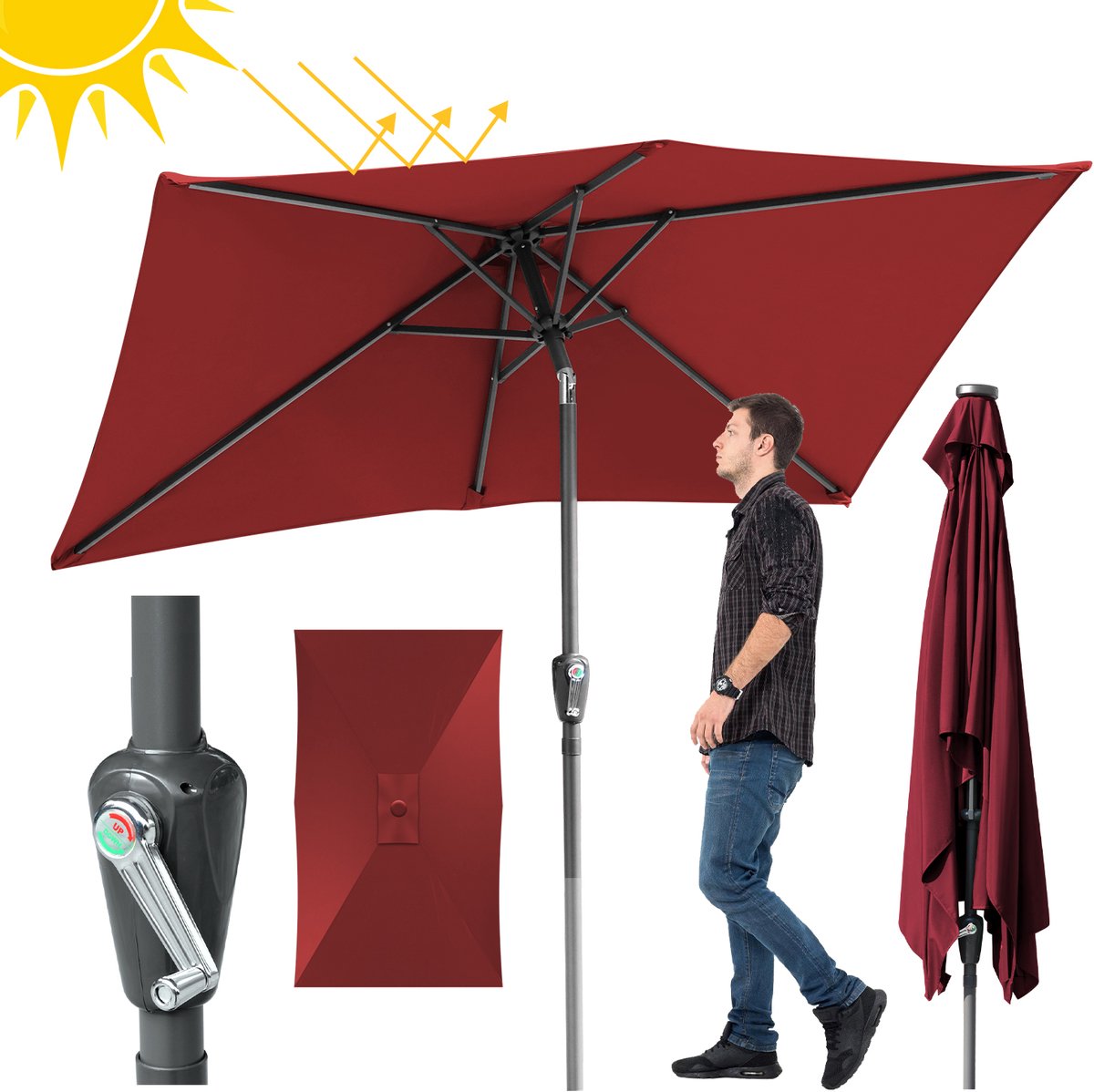Parasol met Standaard Ø210x140 cm - Grote Rechthoekige Stokparasols met Zwengelsysteem - Zonwering voor Balkons, Tuinen en Terrassen - Stevig Frame - Rood (9178524115843)