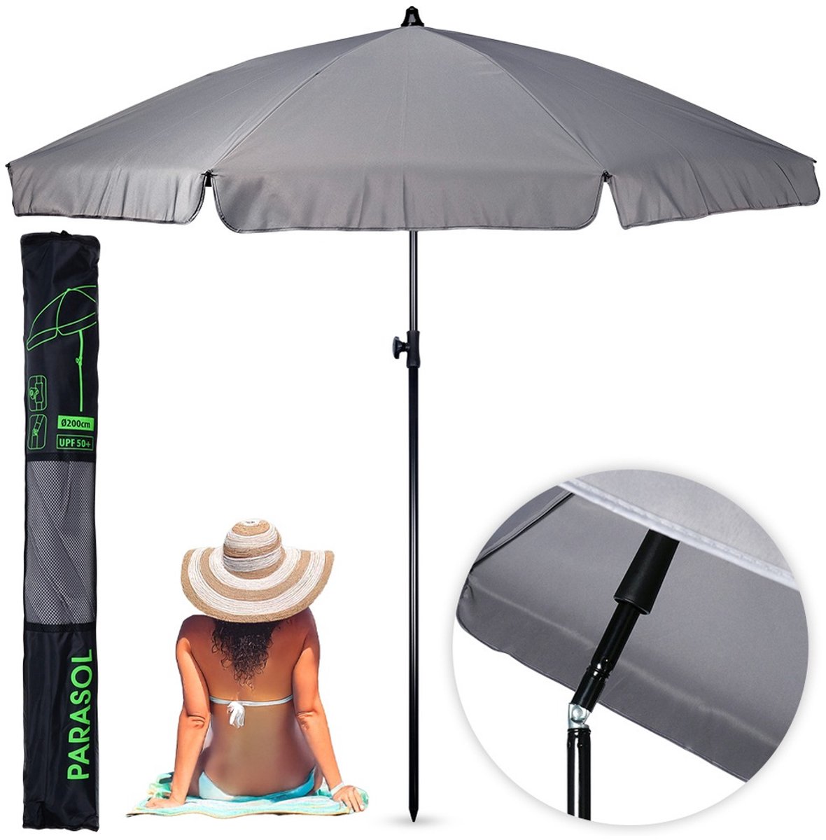 Tuinparasol Grijs Verstelbaar 185 cm - Zweefparasol - Parasol - Buiten - Tuin - Strandparasol - Stokparasol (5904316497941)