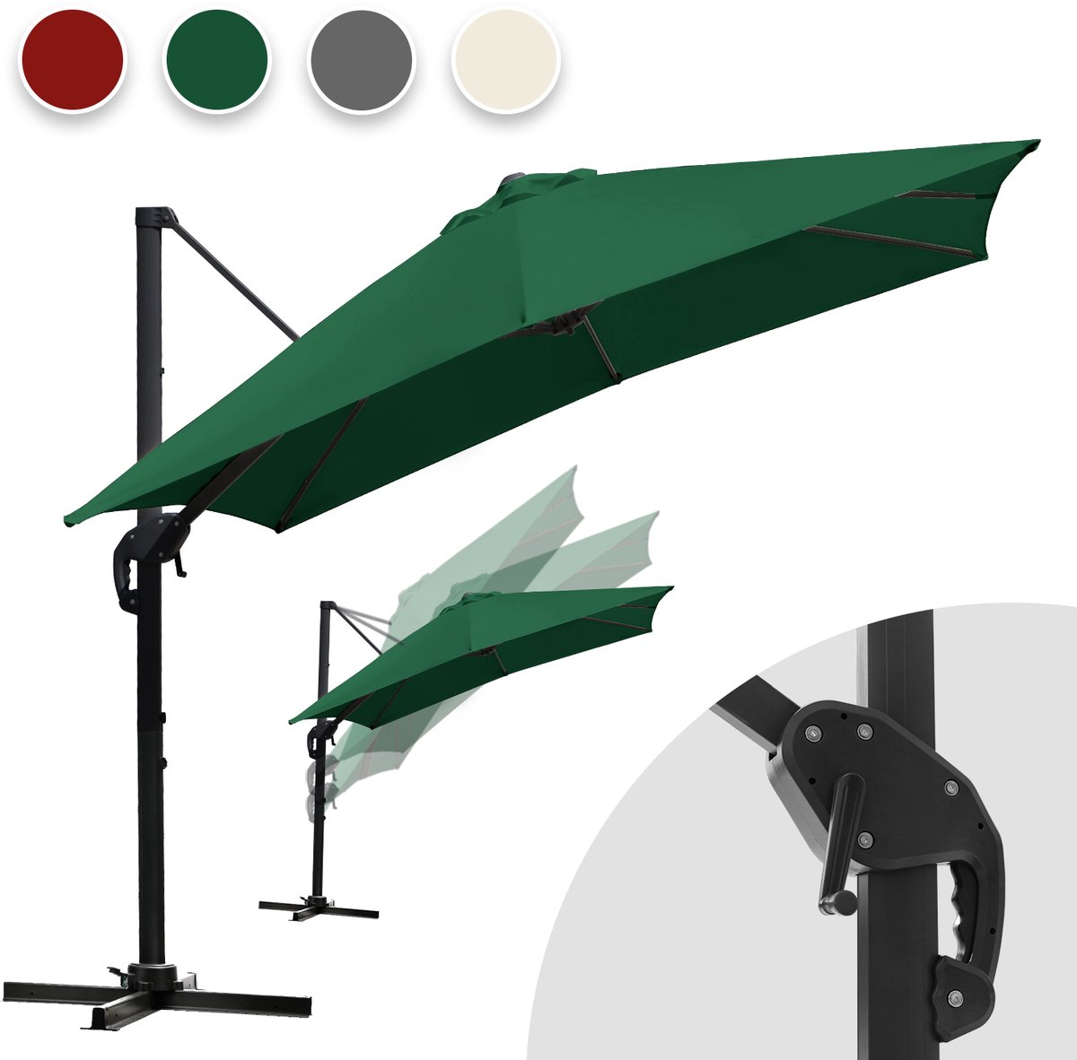 Zweefparasol 330x330cm - Vierkante parasol - 360 ° Draaibaar - Kantelbaar - UV werend doek - Houtlook - Groen (9084800362385)