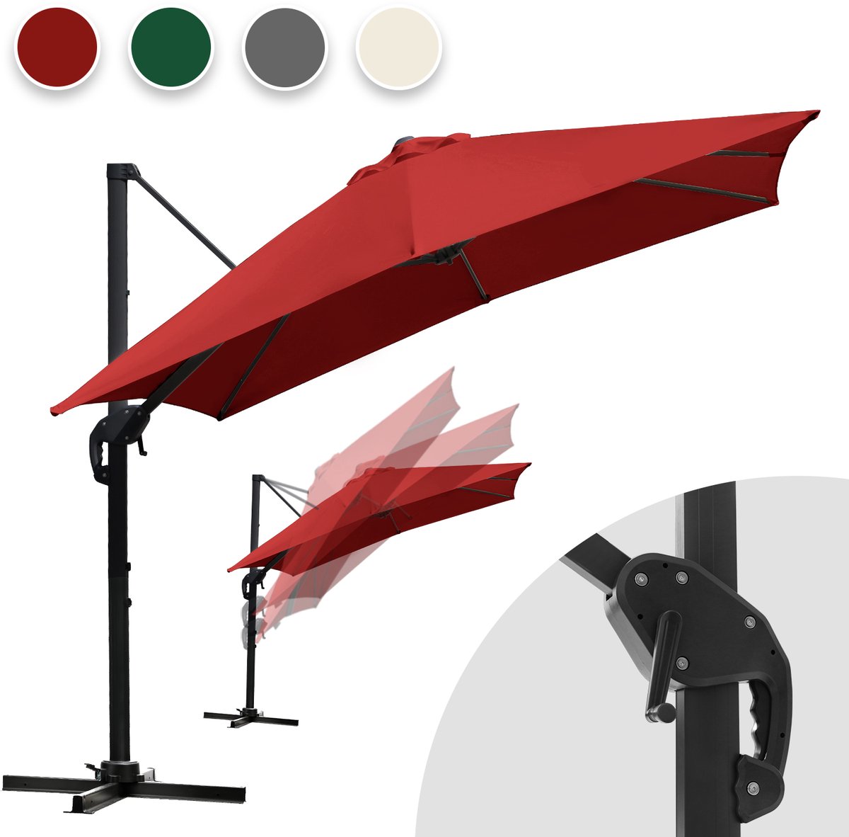 Zweefparasol 330x330cm - Vierkante parasol - 360 ° Draaibaar - Kantelbaar - UV werend doek - Houtlook - Rood (9084800362378)