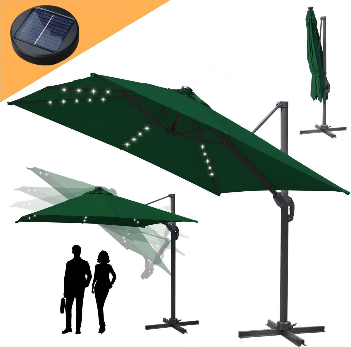 Zweefparasol 330x330cm - Vierkante parasol - 360 ° Draaibaar - Kantelbaar - UV werend doek - Houtlook - incl. LED - Groen (9084800362347)
