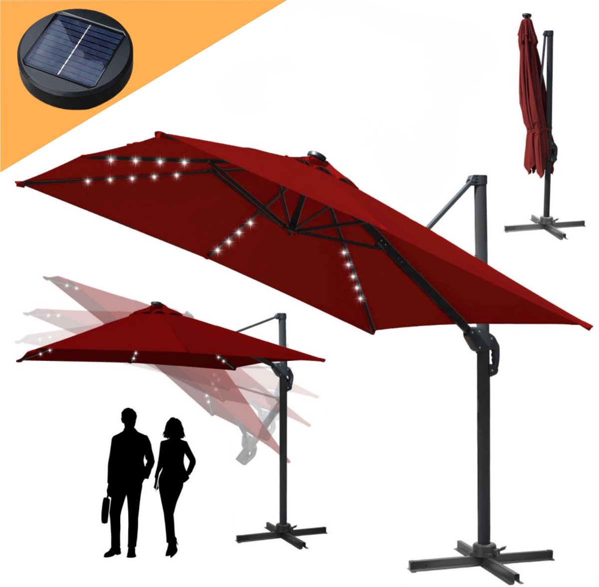 Zweefparasol 330x330cm - Vierkante parasol - 360 ° Draaibaar - Kantelbaar - UV werend doek - Houtlook - incl. LED - Rood (9084800362330)
