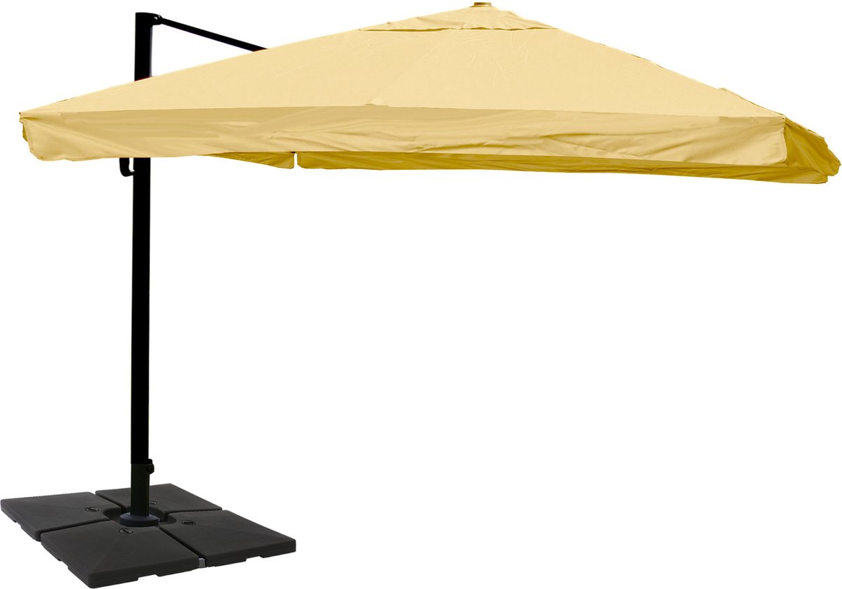 Zweefparasol MCW-A96, 3,5x3,5m (Ø4,95m) polyester/aluminium 25kg ~ Flap, crème met standaard (4057651221885)