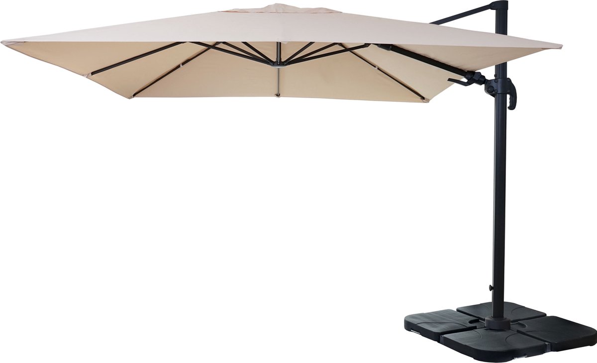 Zweefparasol MCW-A96, 3x3m (Ø4,24m) draaibaar, polyester aluminium/staal 23kg ~ crème met standaard (4057651222967)