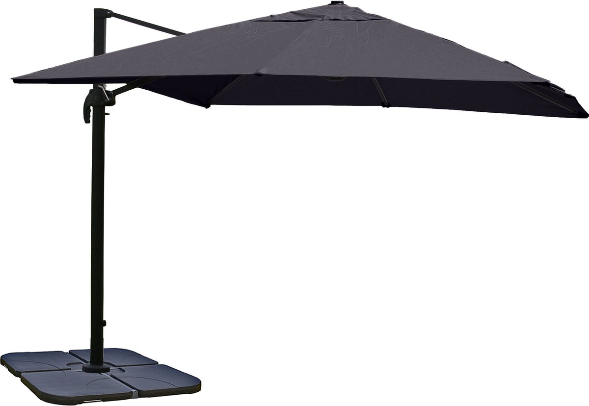 Zweefparasol MCW-A96, 3x3m (Ø4,24m) polyester aluminium/staal 23kg ~ antraciet met standaard, draaibaar (4057651222332)