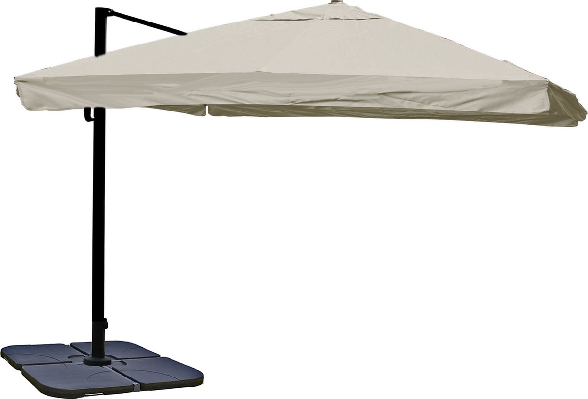 Zweefparasol MCW-A96, 3x4m (Ø5m) polyester aluminium/staal 26kg ~ Flap, crème-grijs met standaard, draaibaar (4057651393797)