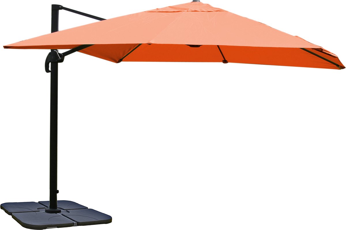 Zweefparasol MCW-A96, horecaparasol, 3x3m (Ø4,24m) polyester/aluminium 23kg ~ terracotta met voet, draaibaar (4057651221298)
