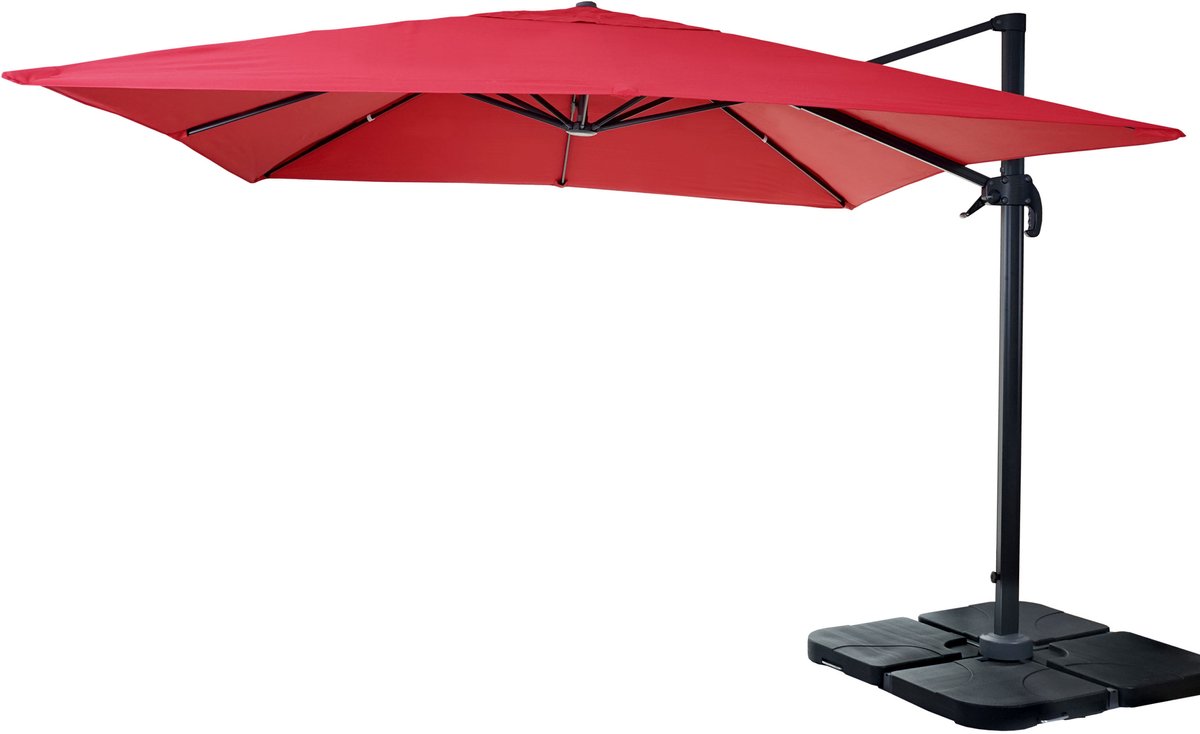 Zweefparasol MCW-A96, parasol 3x3m (Ø4.24m) polyester aluminium/staal 23kg ~ rood met voet (4057651223049)