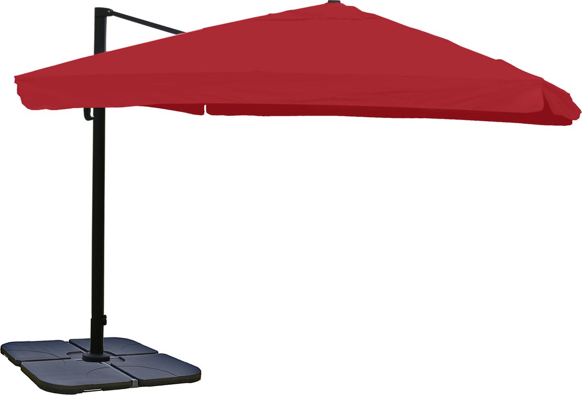 Zweefparasol MCW-A96, parasol catering 3x3m (Ø4.24m) polyester/aluminium 23kg ~ Flap, bordeaux met voet, draaibaar (4057651221465)