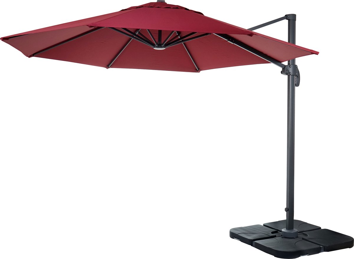 Zweefparasol MCW-A96, parasol, rond Ø 3m polyester aluminium/staal 23kg ~ bordeaux met voet, draaibaar (4057651222493)