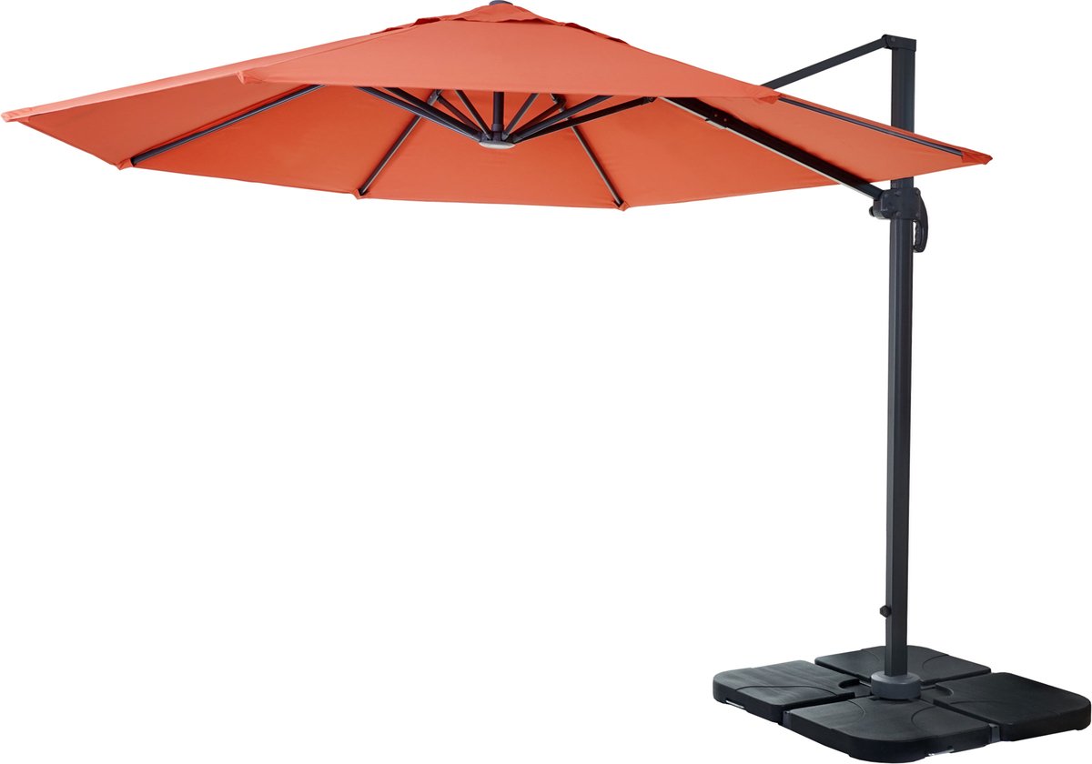 Zweefparasol MCW-A96, parasol, rond Ø 3m polyester aluminium/staal 23kg ~ terracotta met voet, draaibaar (4057651222912)