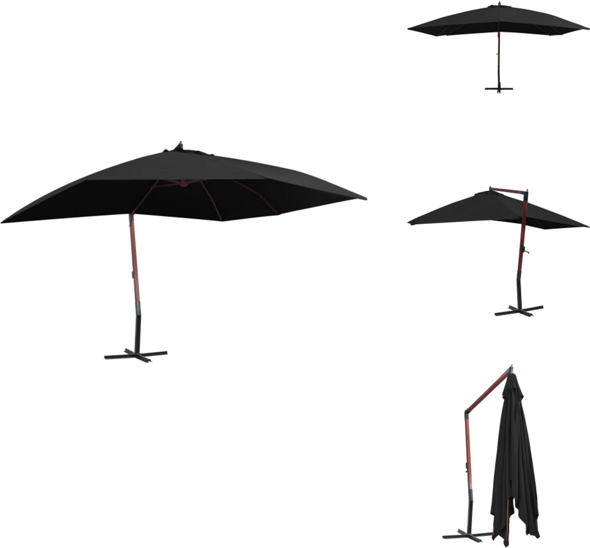 vidaXL Parasol - Parasols - Tuin Parasol - Tuin Parasols - Zweefparasol met houten paal 400x300 cm zwart (8721032991549)