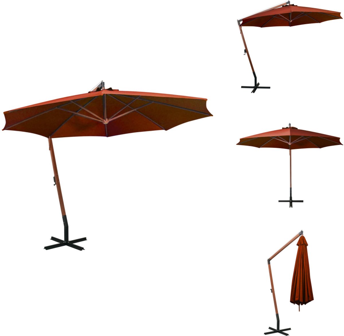 vidaXL Zweefparasol - Zweefparasols - Parasol - Houten Parasol - Zweefparasol met paal 3,5x2,9 m massief vurenhout terracotta (8721032976614)