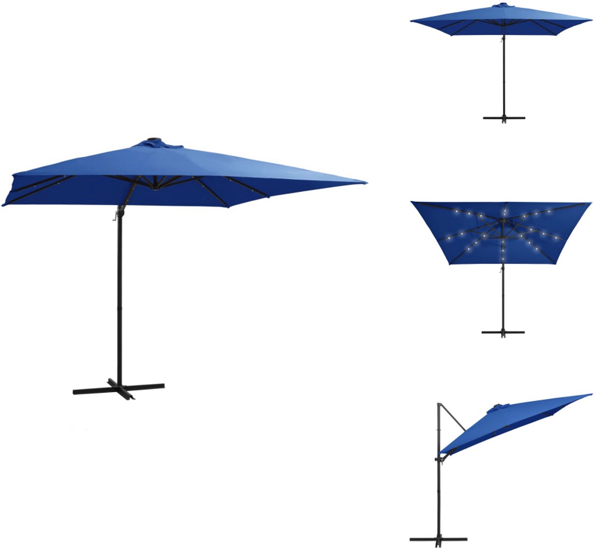 vidaXL Zweefparasol - Zweefparasols - Parasol - Tuinparasol - Zweefparasol met LED en stalen paal 250x250 cm azuurblauw (8721032985760)