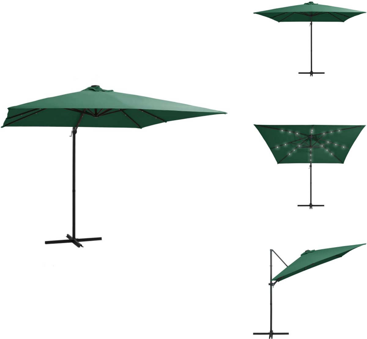 vidaXL Zweefparasol - Zweefparasols - Parasol - Tuinparasol - Zweefparasol met LED en stalen paal 250x250 cm groen (8721032994649)
