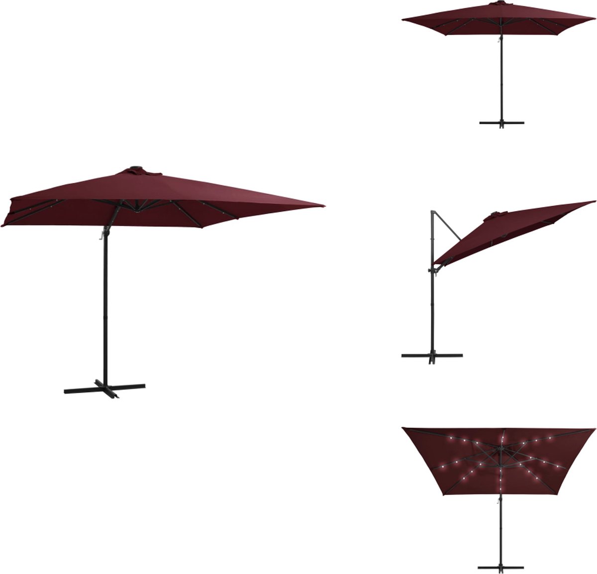 vidaXL Zweefparasol - Zweefparasols - Parasol - Tuinparasol - Zweefparasol met LED-verlichting 250x250 cm bordeauxrood (8721096024191)