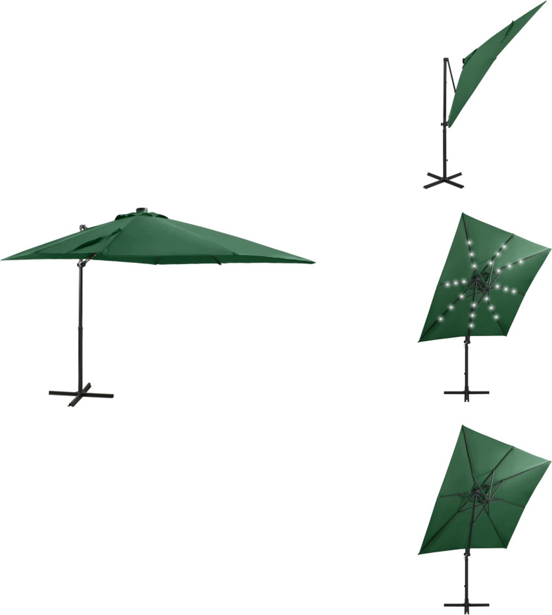 vidaXL Zweefparasol - Zweefparasols - Parasol - Tuinparasol - Zweefparasol met paal en LED-verlichting 250 cm groen (8721032978298)