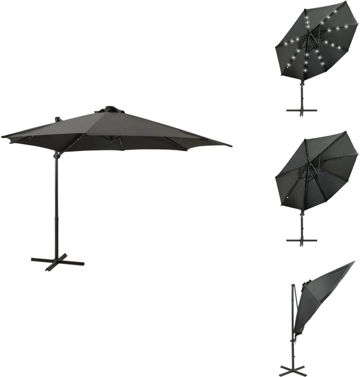 vidaXL Zweefparasol - Zweefparasols - Parasol - Tuinparasol - Zweefparasol met paal en LED-verlichting 300 cm antracietkleur (8721032991075)
