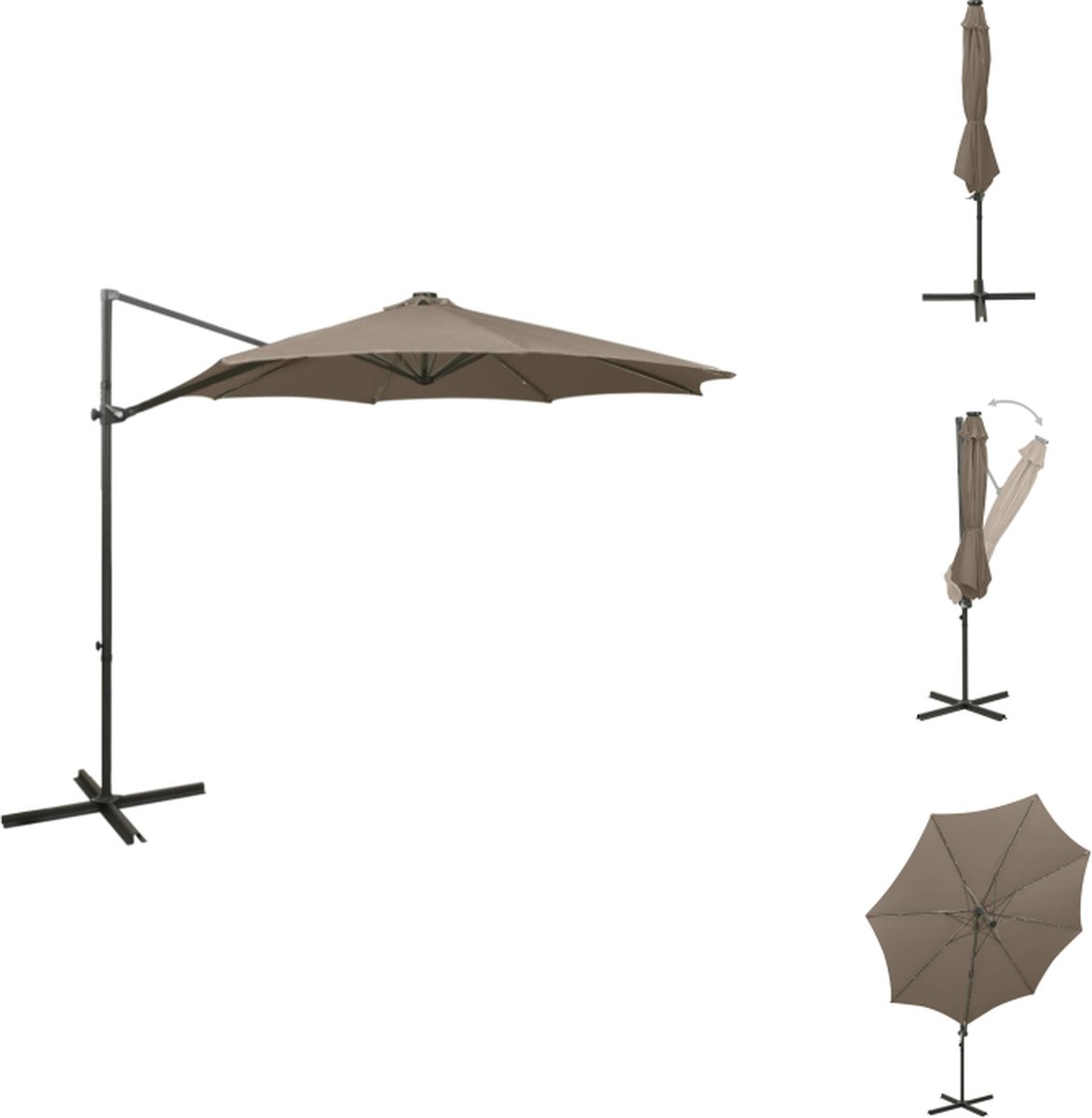 vidaXL Zweefparasol - Zweefparasols - Parasol - Tuinparasol - Zweefparasol met paal en LED-verlichting 300 cm taupe (8721032994755)