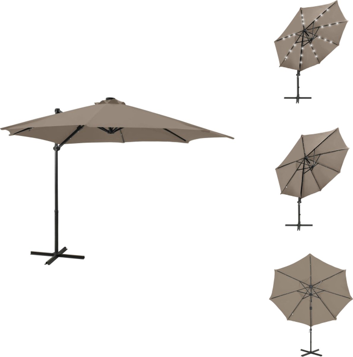 vidaXL Zweefparasol - Zweefparasols - Parasol - Tuinparasol - Zweefparasol met paal en LED-verlichting 300 cm taupe (8721032998951)