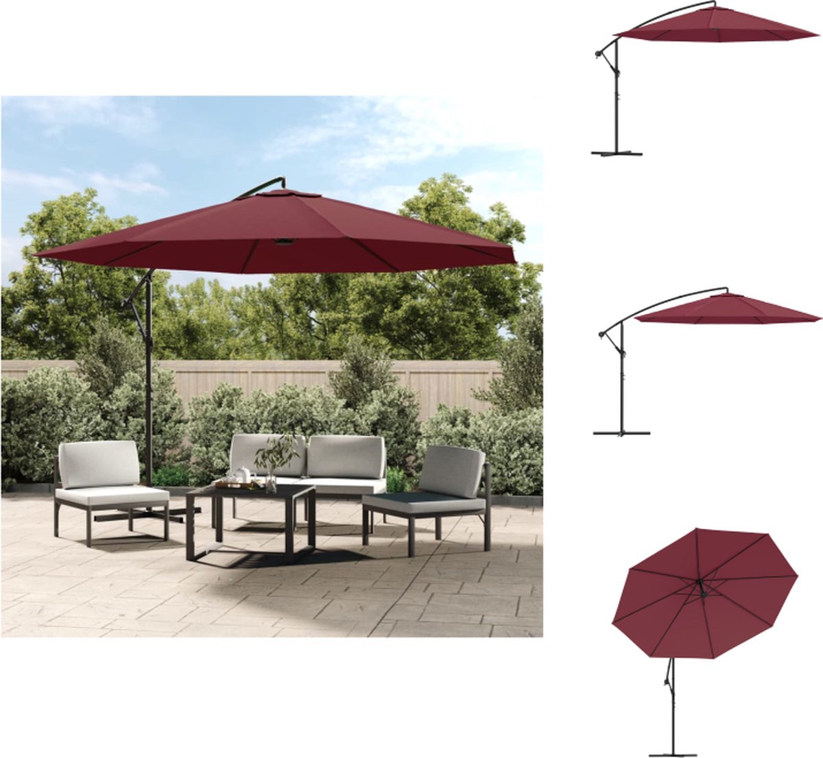 vidaXL Zweefparasol - Zweefparasols - Tuinparasol - Balkon Parasol - Zweefparasol met aluminium paal 350 cm bordeauxrood (8721032976492)