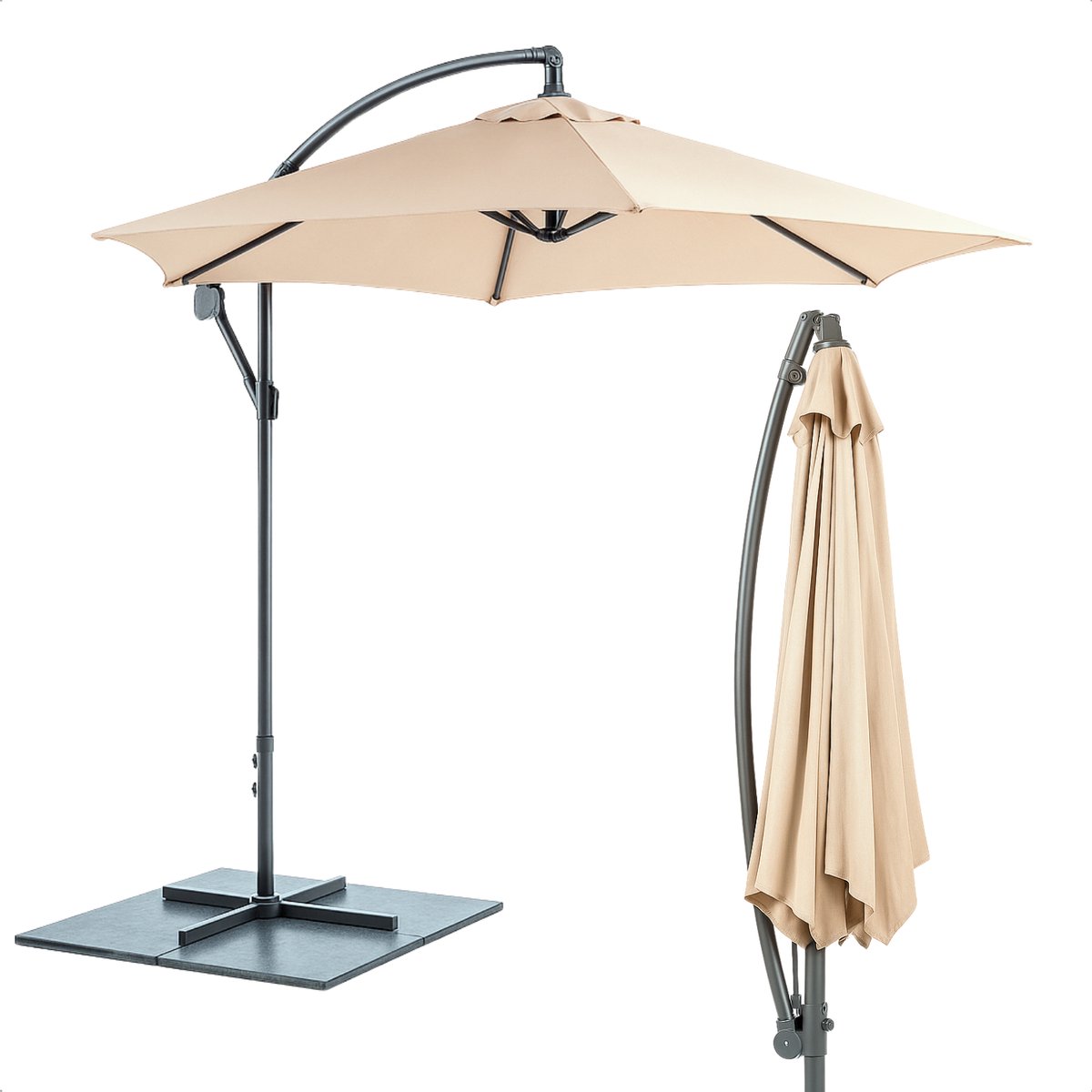 Cheqo® Zweefparasol 3M - Zweef Parasol Kantelbaar - Verstelbaar Stalen Frame - Inclusief Voet - Voor Tuin en Balkon - Beige (8721046082202)