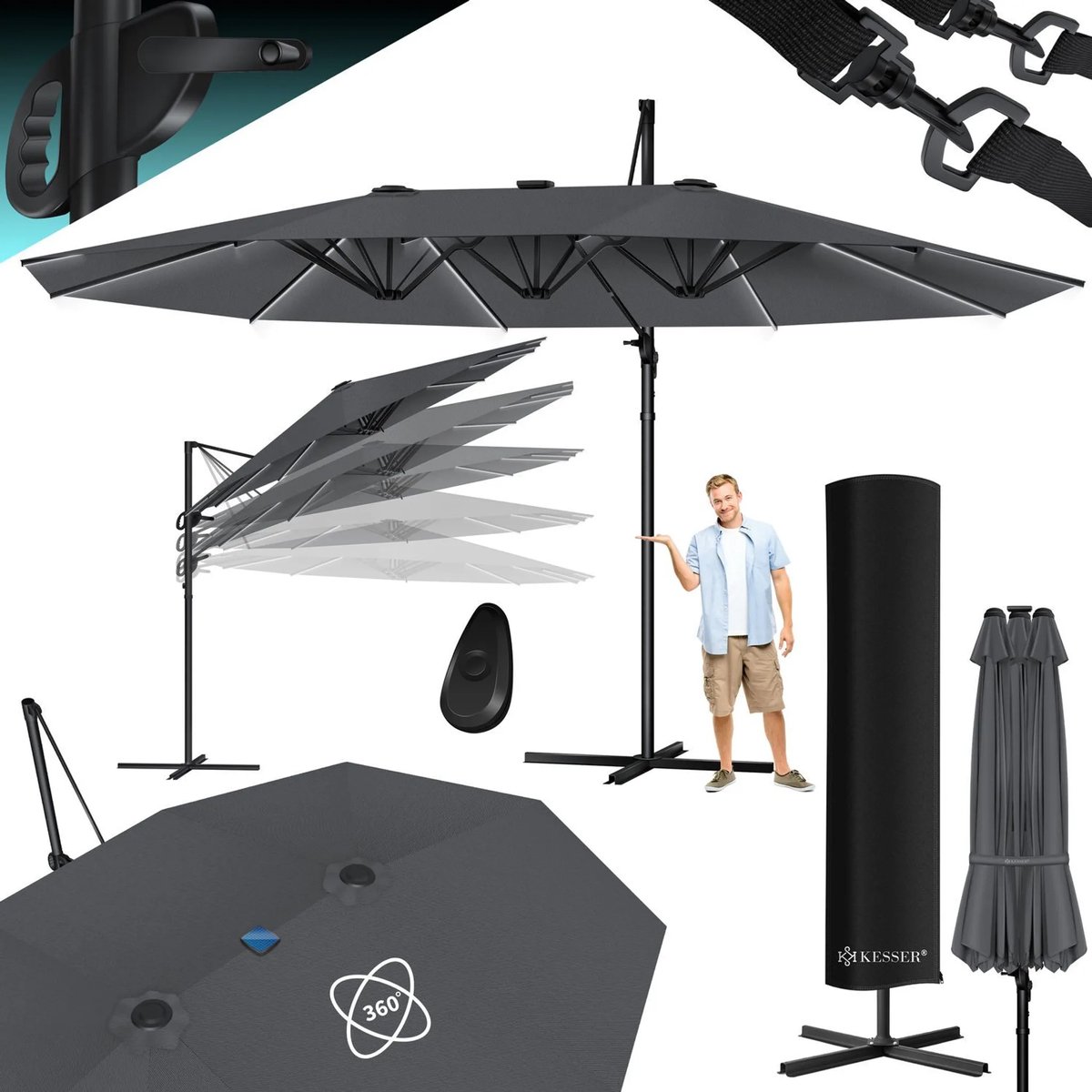 KESSER® LED Parasol - 4,6mx2,7m - Zweefparasol - Draaibaar - Antraciet (4255598323437)
