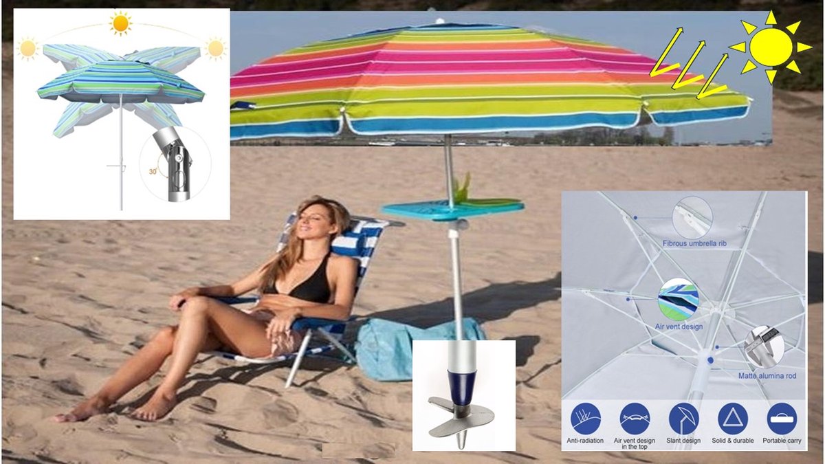 Pincho - LUXE ALUMINIUM STRANDPARASOL 200 & ZANDBOOR - 8 Fiber Baleinen- Mooie Gestreepte Kleuren Oranje - Rood - Blauw - Groen + UV Bescherming 99% UPF 50+ - Kantelbaar Verstelbaar - Draagtas - Windvaan - Strandparasol - Tuinparasol - Stokparasol (7442940399319)