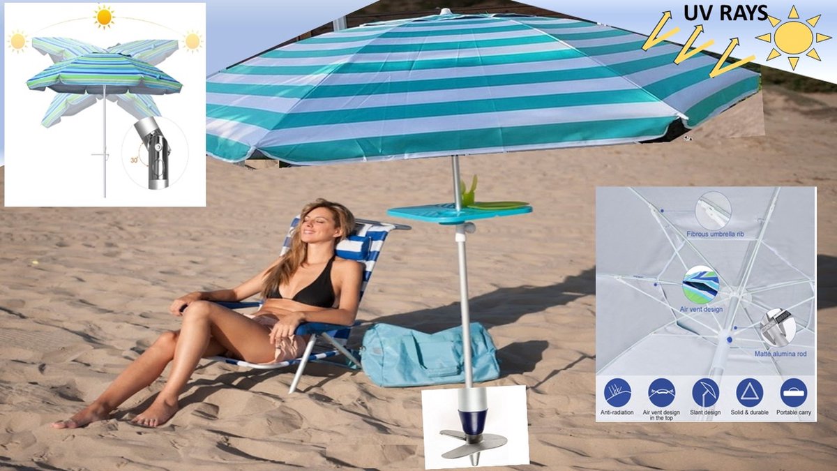 Pincho - LUXE ALUMINIUM STRANDPARASOL - TURQUOISE met ZANDBOOR (Grondboor) - UV Bescherming 99% UPF 50+ - 200 cm - 16 Baleinen - Kantelbaar Knikbaar - Draagtas - Windvaan - Strandparasol - Tuinparasol - Stokparasol (7435157816816)