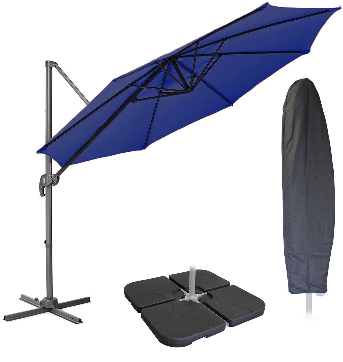 SVITA Zweefparasol 3m met beschermhoes - Parasolstandaard opvulbaar 4-delig Kantelparasol Zwenkparasol Blauw (4250815325461)