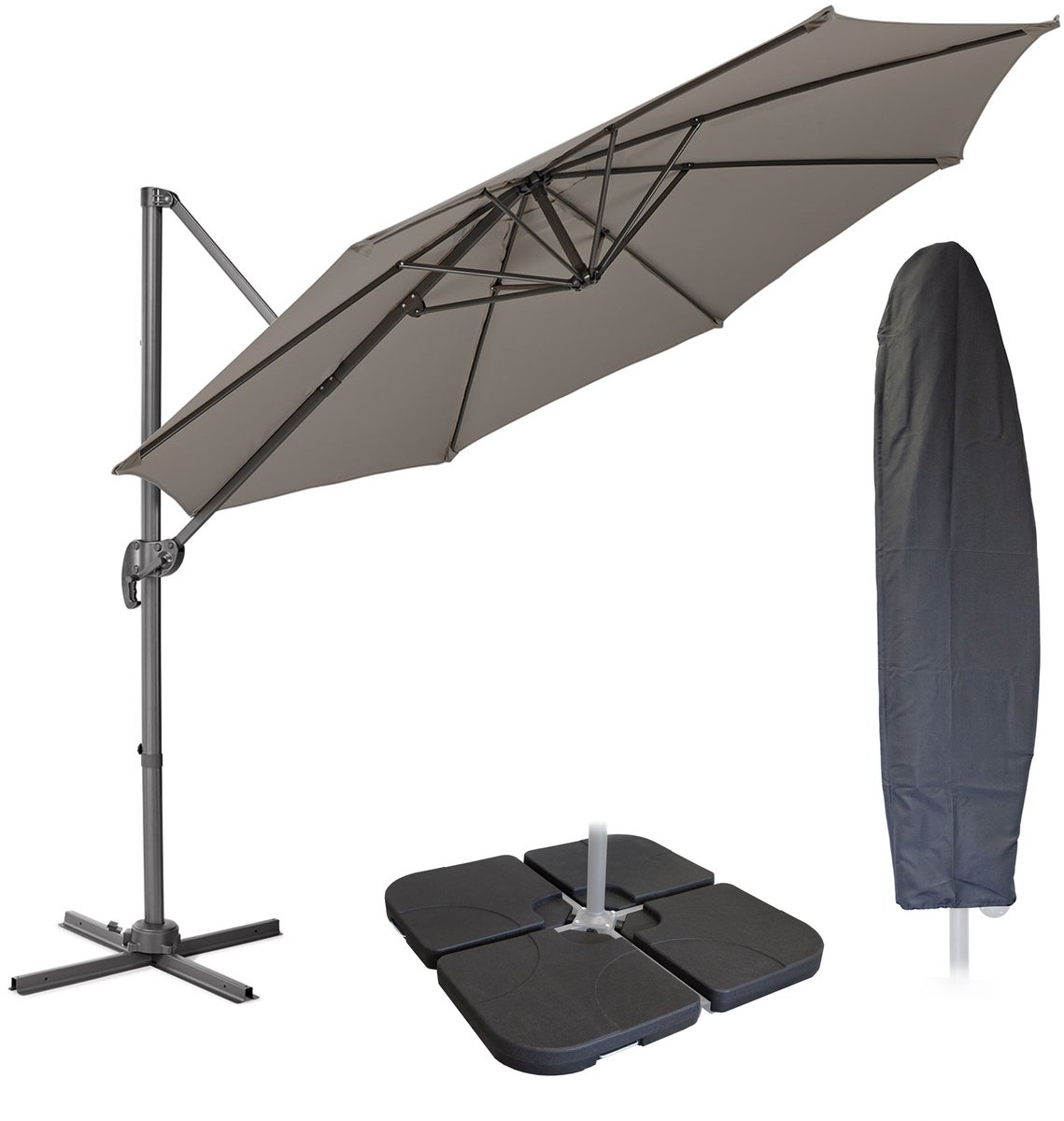 SVITA Zweefparasol 3m met beschermhoes - Parasolstandaard opvulbaar 4-delig Kantelparasol Zwenkparasol Grijs (4250815325430)