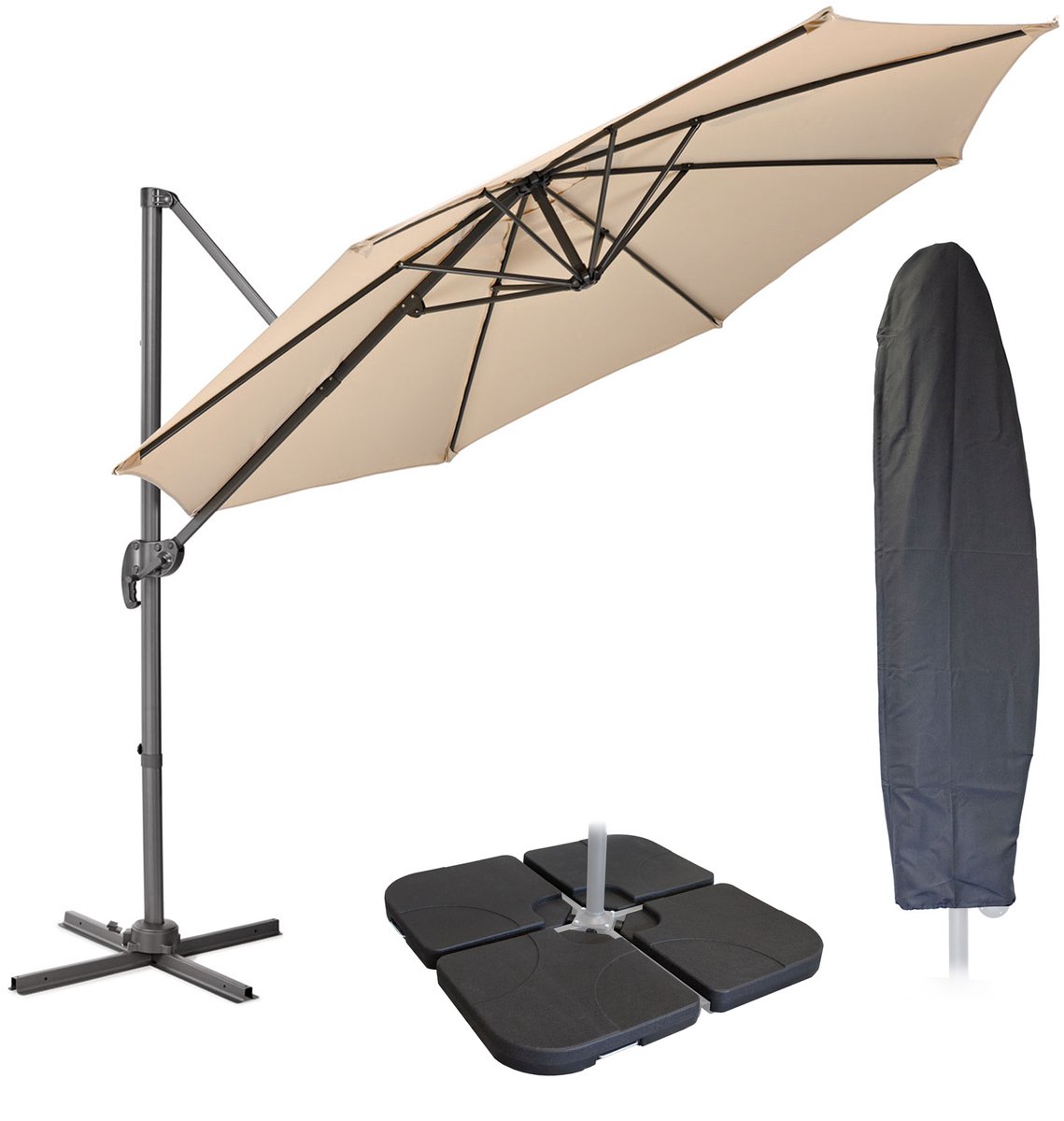 SVITA Zweefparasol 3m met beschermhoes - Parasolstandaard opvulbaar 4-delig Kantelparasol Zwenkparasol Licht taupe (4250815325416)