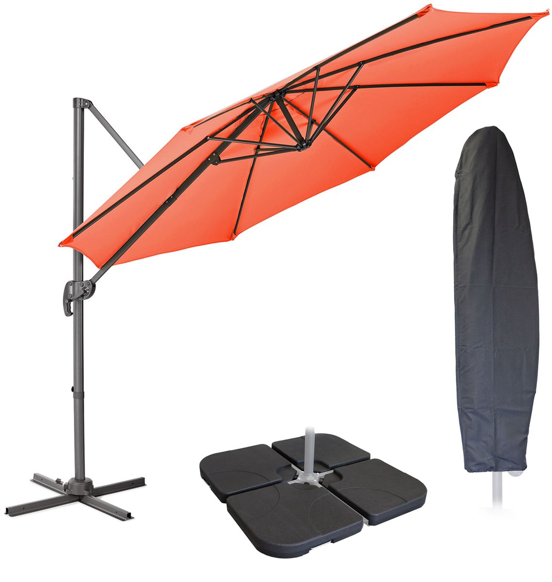 SVITA Zweefparasol 3m met beschermhoes - Parasolstandaard opvulbaar 4-delig Kantelparasol Zwenkparasol Oranje (4250815325447)