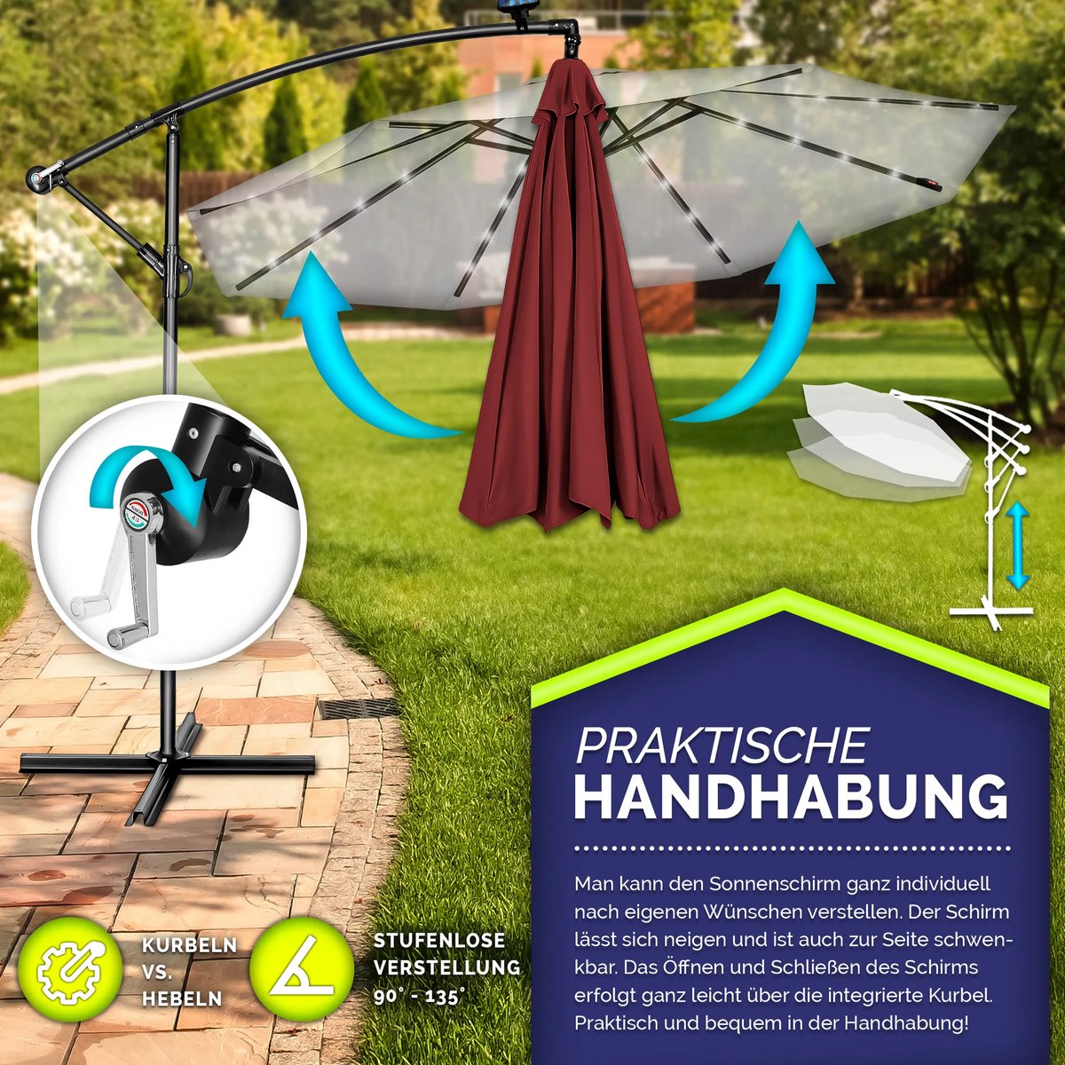 Tillvex® Luxe Zweefparasol Ø 350 cm - Rood - Met LED-verlichting & Solar - UV50+ Bescherming - Waterdicht - Aluminium Frame - Draaibaar & Met Kurbel - inclusief parasol voet (4262436442526)